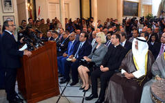 El Ministro Gebran Bassil expone durante la conferencia de prensa en el Palacio Villa Boustros. Octubre 1, 2018 (Foto NNA) 