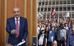 A la izquierda, el Jefe del Parlamento, Nabih Berri; a la derecha, manifestantes en las cercanías del recinto.