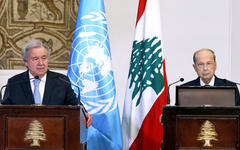 El Secretario General de las Naciones Unidas, Antonio Guterres, y el presidente del Líbano, Michel Aoun. Foto: AFP.