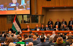 El presidente de la Autoridad Palestina, Mahmoud Abbas, habla en un evento de la ONU que conmemora la Nakba palestina, en Nueva York, el 15 de mayo de 2023. Foto: WAFA.