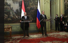 Los ministros de Relaciones Exteriores de Siria, Faisal Mikdad y de la Federacion de Rusia, Sergei Lavrov, brindan conferencia de prensa conjunta  |  Diciembre 17, 2020 (Foto: Cancillería de Rusia) 