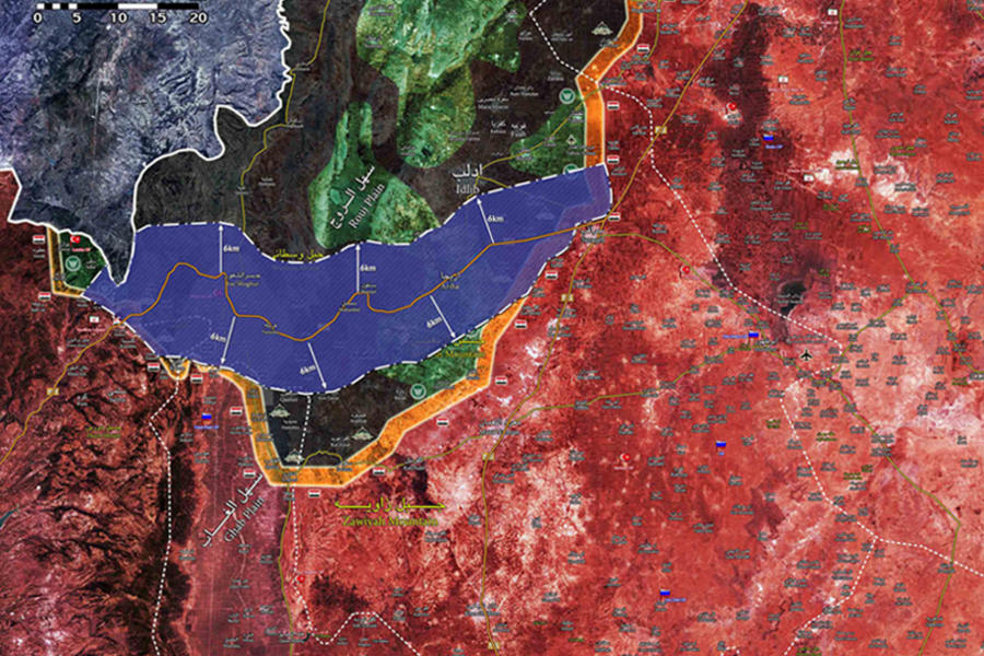 Situación en el frente de Idleb al 5 de marzo de 2020. Corredor de seguridad a establecerse en Ruta M4 según el nuevo acuerdo ruso-turco (Mapa ISWN)