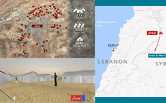 Der: Movimiento Arsal-Arsal Al Ward / Izq. arriba: Distribución de campamentos en la zona de Arsal en Líbano / Izq. abajo: Campamento en Arsal  (Imágenes LBC)