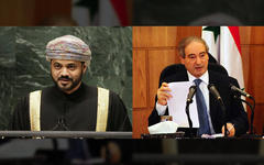 Ministros de Relaciones Exteriores de Omán, Badr bin Hamad Al Busaidi, y de Siria, Faisal Mikdad (Fotos: redes)