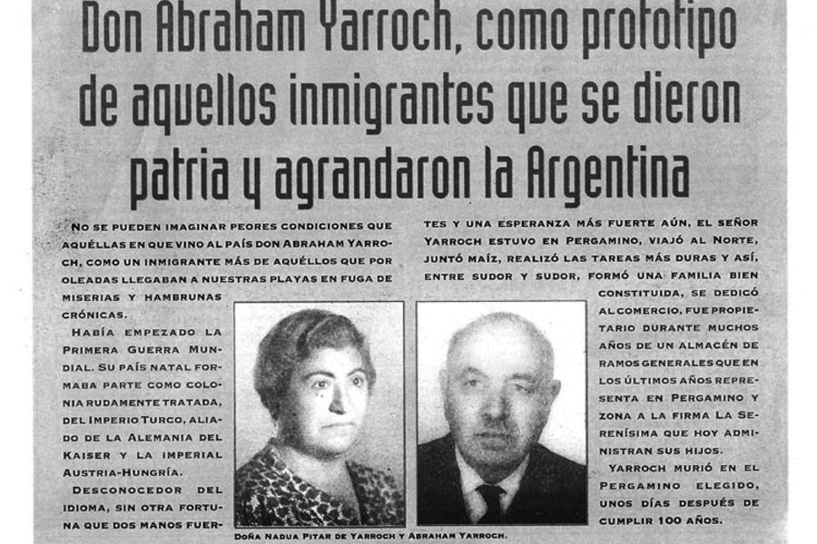 Década del '90: Extracto de nota a don Abraham Yarroch, publicada por el diario La Opinión (Pergamino)