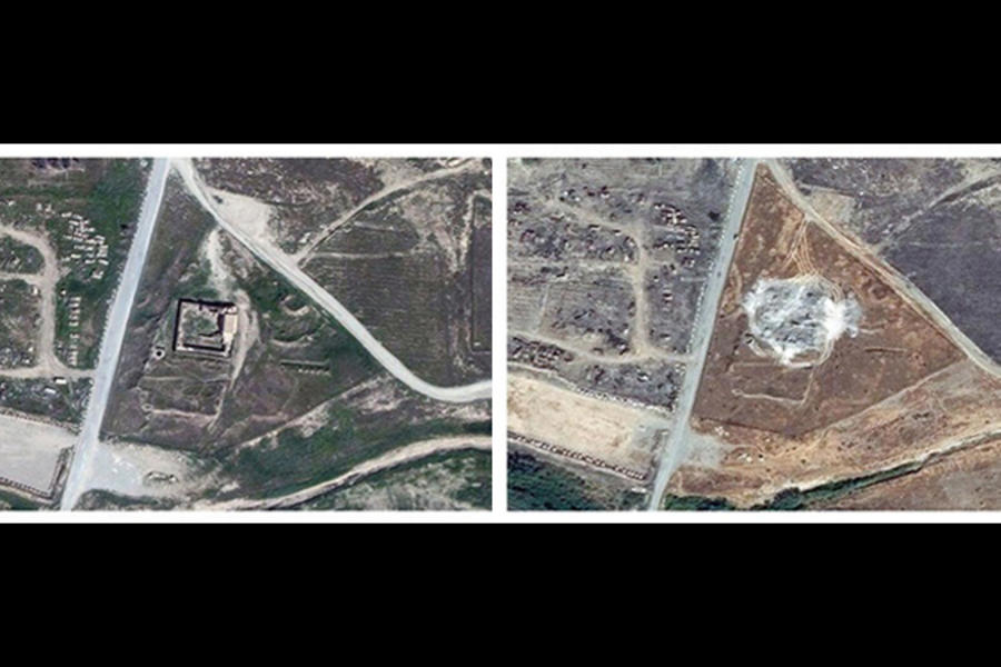 Imágenes satelitales muestran el antes y el después del monasterio arrasado por E.I. (Fotos AP)