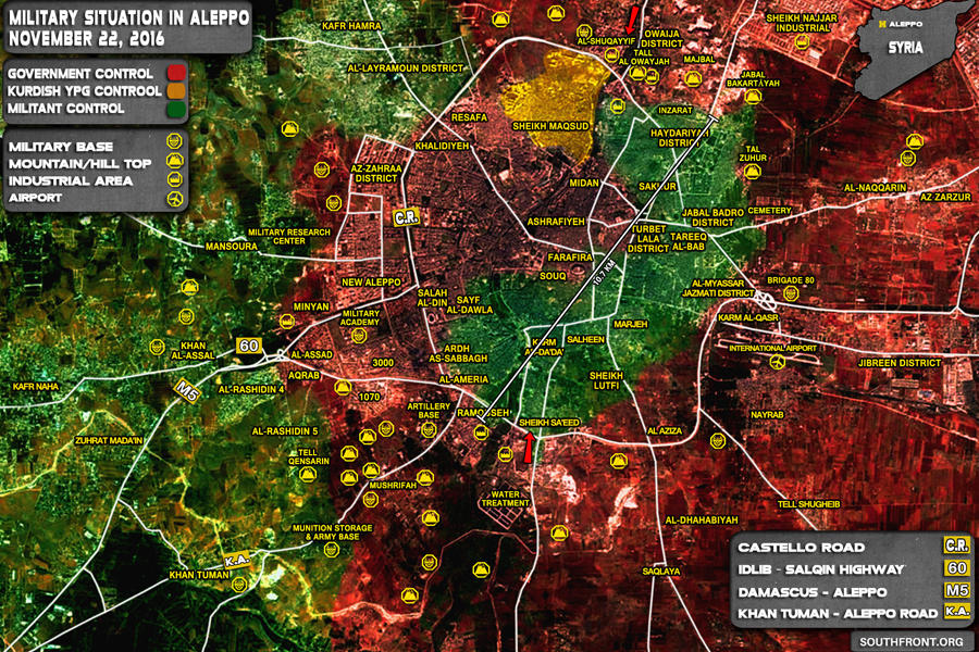 Situación en Alepo al 22/11/2016 (Mapa Southfront).