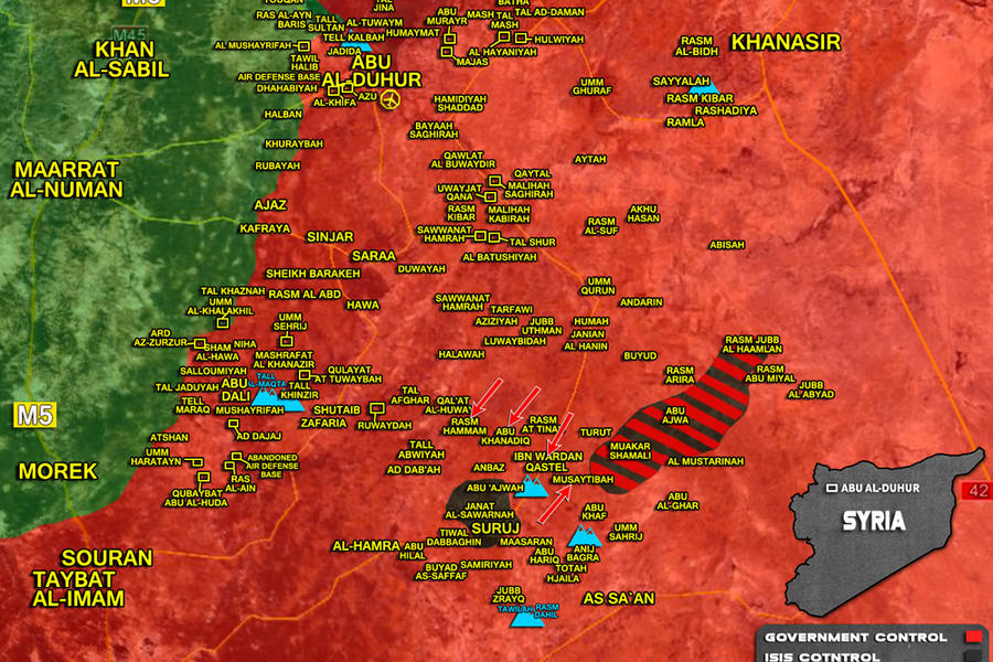 Cantón de Idleb (Sur) lindante con provincias de Hama y Alepo |  Febrero 9, 2018 – Área de Abu Duhur y eliminación de cantón bajo control de DAESH en el norte de Hama - (Mapa SouthFront). 