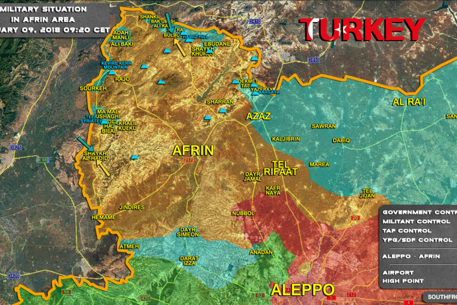 Provincia de Alepo - Afrín |  Febrero 9, 2018 – Situación bélica en el cantón de Afrín en medio de la invasión de Turquía y sus agentes en Siria - (Mapa SouthFront). 