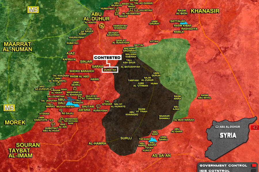 Cantón de Idleb (Sur) lindante con provincias de Hama y Alepo |  Enero 25, 2018 – Área de Abu Duhur tras la liberación por parte del Ejercito Árabe Sirio: nuevo cantón creado en zona limítrofe entre las tres provincias - (Mapa SouthFront). 