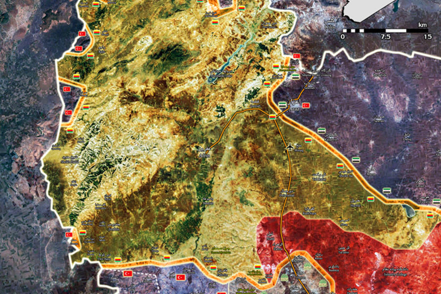 Provincia de Alepo - Afrín |  Enero 25, 2018 – Situación bélica en el cantón de Afrín en medio de la invasión de Turquía y sus agentes en Siria - (Mapa @A7_Mirza). 