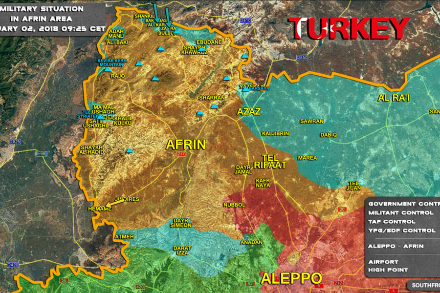 Provincia de Alepo - Afrín |  Febrero 2, 2018 – Situación bélica en el cantón de Afrín en medio de la invasión de Turquía y sus agentes en Siria - (Mapa SouthFront). 