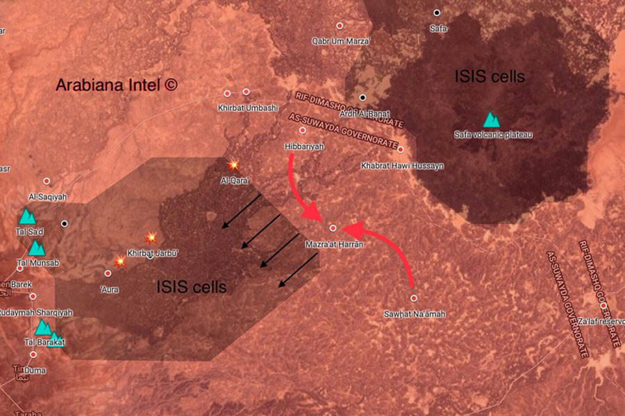 Frente Sur | Junio 23, 2018 – Provincia de Sweida, operación contra DAESH (Mapa Arabiana Intel).