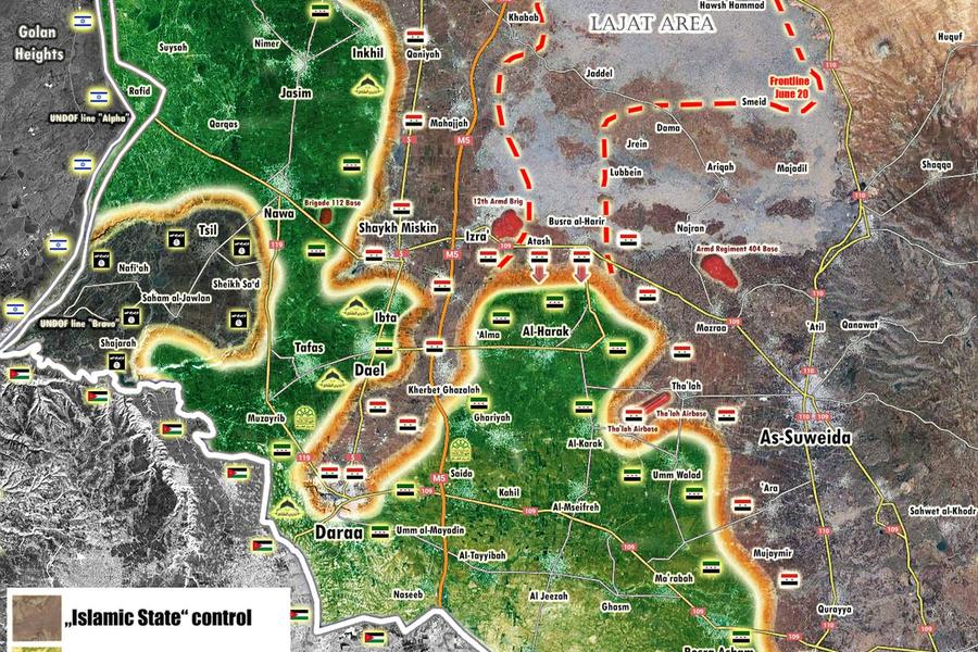 Frente Sur | Junio 26, 2018 – Provincia de Deraa, avance sirio en el noreste provincial sobre Al Nusra y FSA (Mapa Peto Lucem).