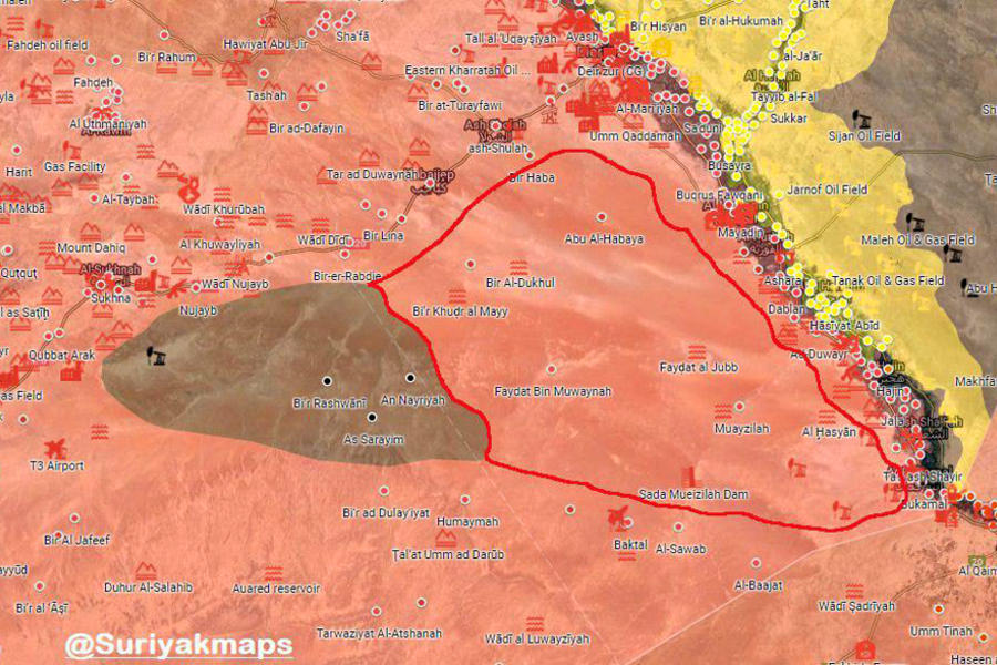 Frente Este | Junio 27, 2018 - Prov. de Deir Ezzor – Liberación de 5800 Km2 en el area desertica al oeste de Bukamal (Mapa Suryakmaps).  