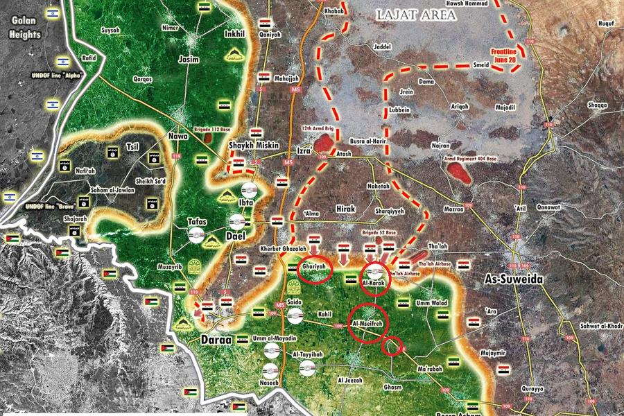 Frente Sur | Junio 29, 2018 – Provincia de Deraa, avance sirio en el sudeste provincial sobre Al Nusra y FSA (Mapa Peto Lucem).