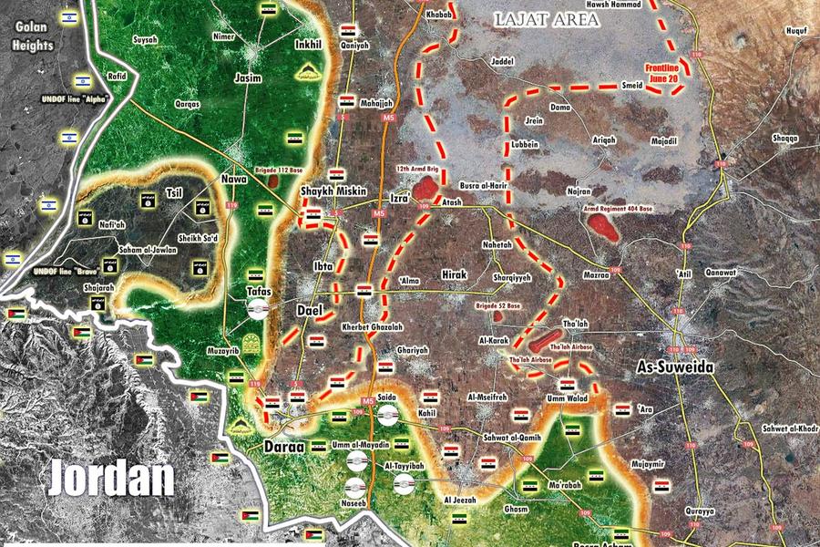 Frente Sur | Junio 30, 2018 – Provincia de Deraa, avance sirio en el sudeste provincial sobre Al Nusra y FSA (Mapa Peto Lucem).