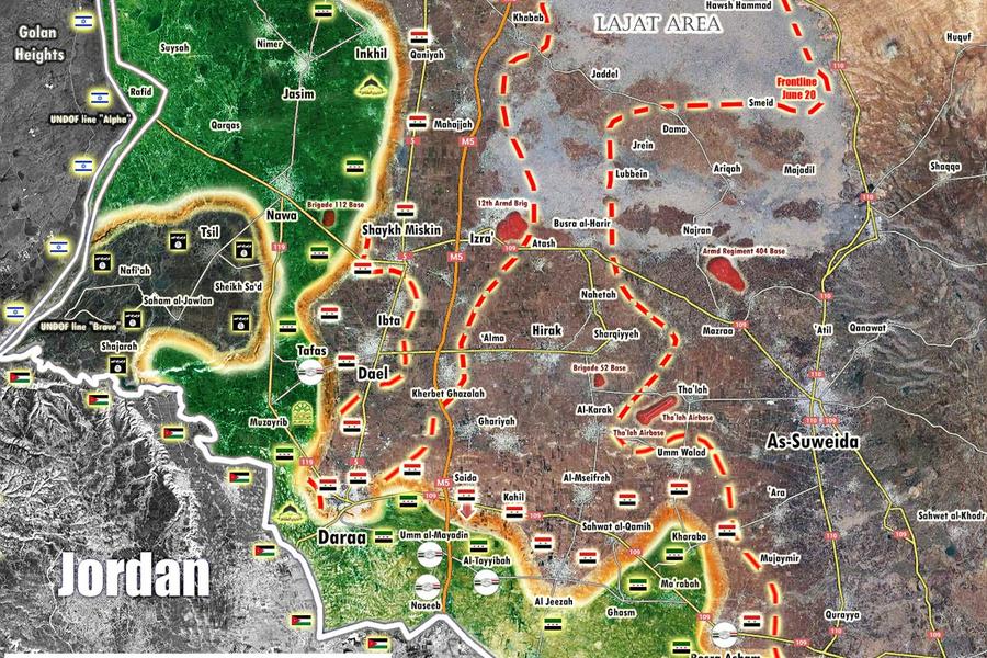 Frente Sur | Julio 5, 2018 – Provincia de Deraa, avance sirio en el sudeste provincial sobre Al Nusra y FSA (Mapa Peto Lucem).