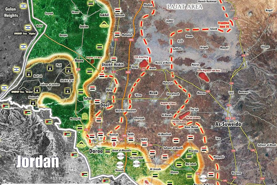 Frente Sur | Julio 6, 2018 – Provincia de Deraa, avance sirio en el sudeste provincial. El EAS libera franja de la frontera con Jordania (Mapa Peto Lucem).