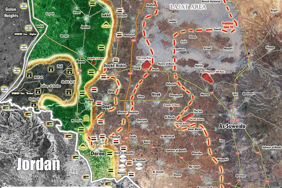 Frente Sur | Julio 6, 2018 – Provincia de Deraa, avance sirio en el sudeste provincial. El EAS controla el cruce de Nassib (Mapa Peto Lucem).