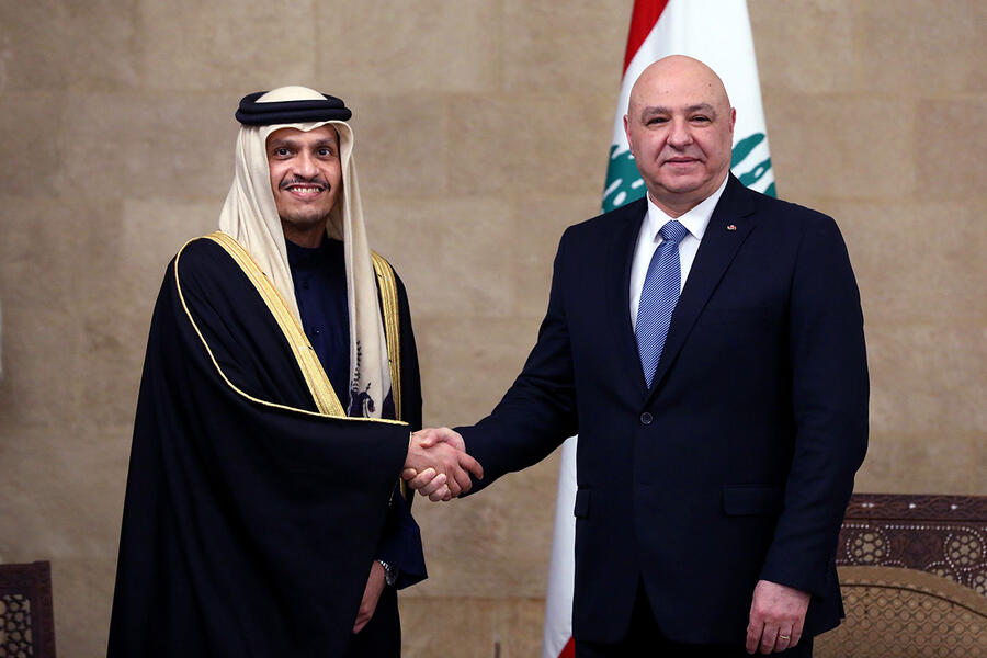 El presidente del Líbano, Joseph Aoun, recibió al ministro de Asuntos Exteriores de Qatar, Mohammed bin Abdulrahman Al Thani, en el Palacio Baabda | Febrero 4, 2025 (Foto: Presidencia Líbano)