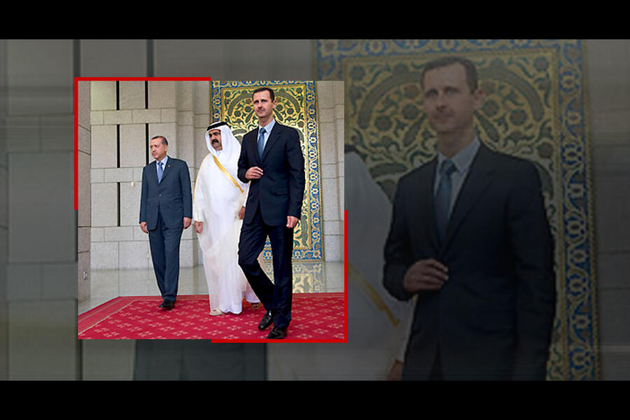 El presidente Asad recibe en Damasco en 2009 la visita del Sheij Hamad y el presidente Erdogan (Foto: Reuters / Ilustración: DSL)