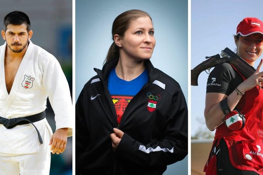 Nacif Elias (judo), Mahassen Hala Fattouh (levantamiento de pesas) y Ray Bassil (tiro), tres de los competidores libaneses que participarán en los Juegos Olímpicos de París 2024.